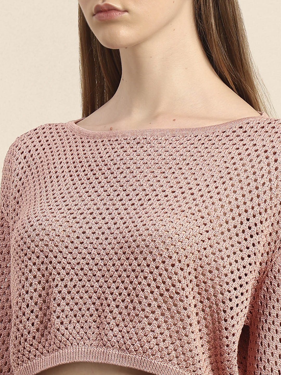Pink Cropped Open-Knit Pullover