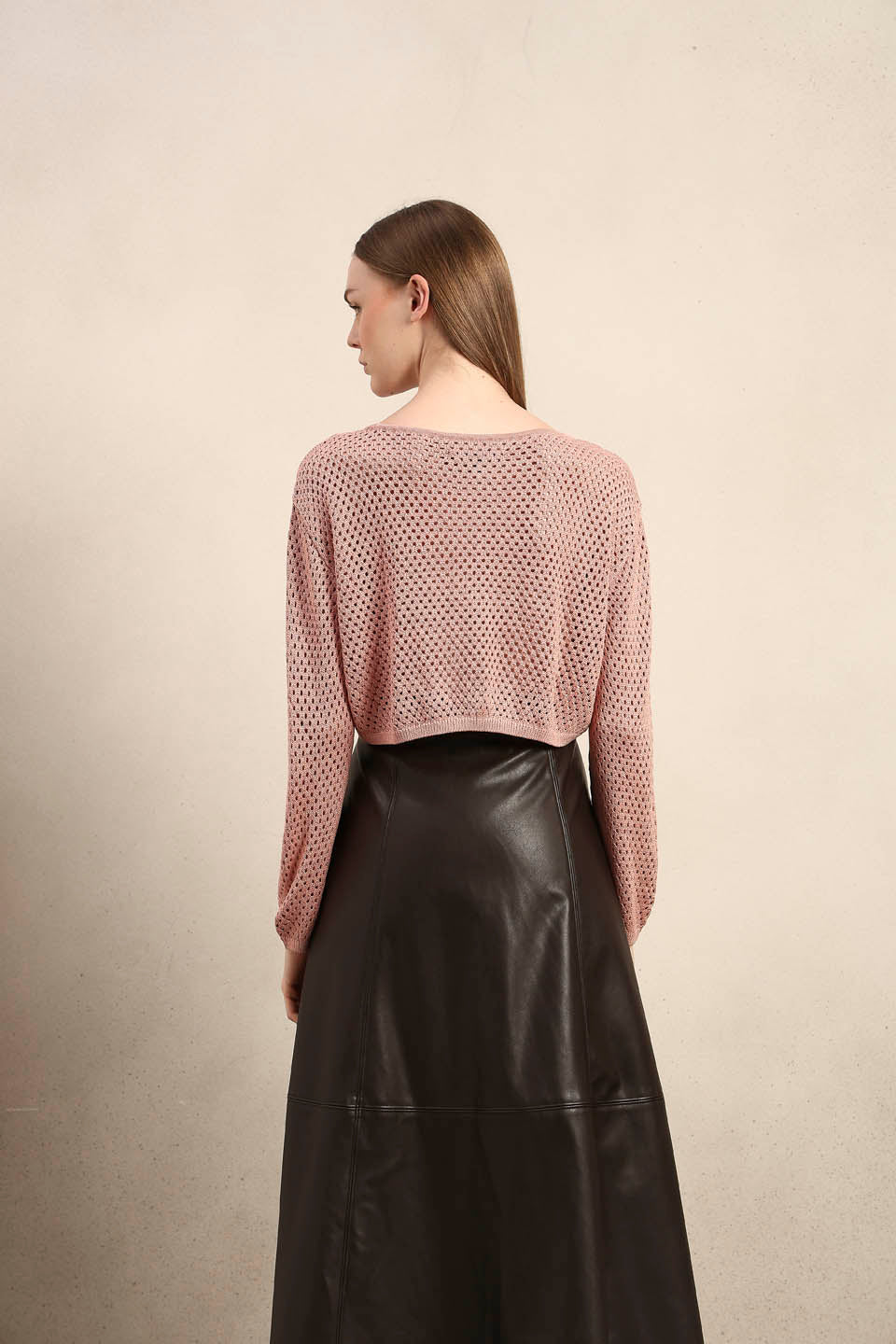 Pink Cropped Open-Knit Pullover