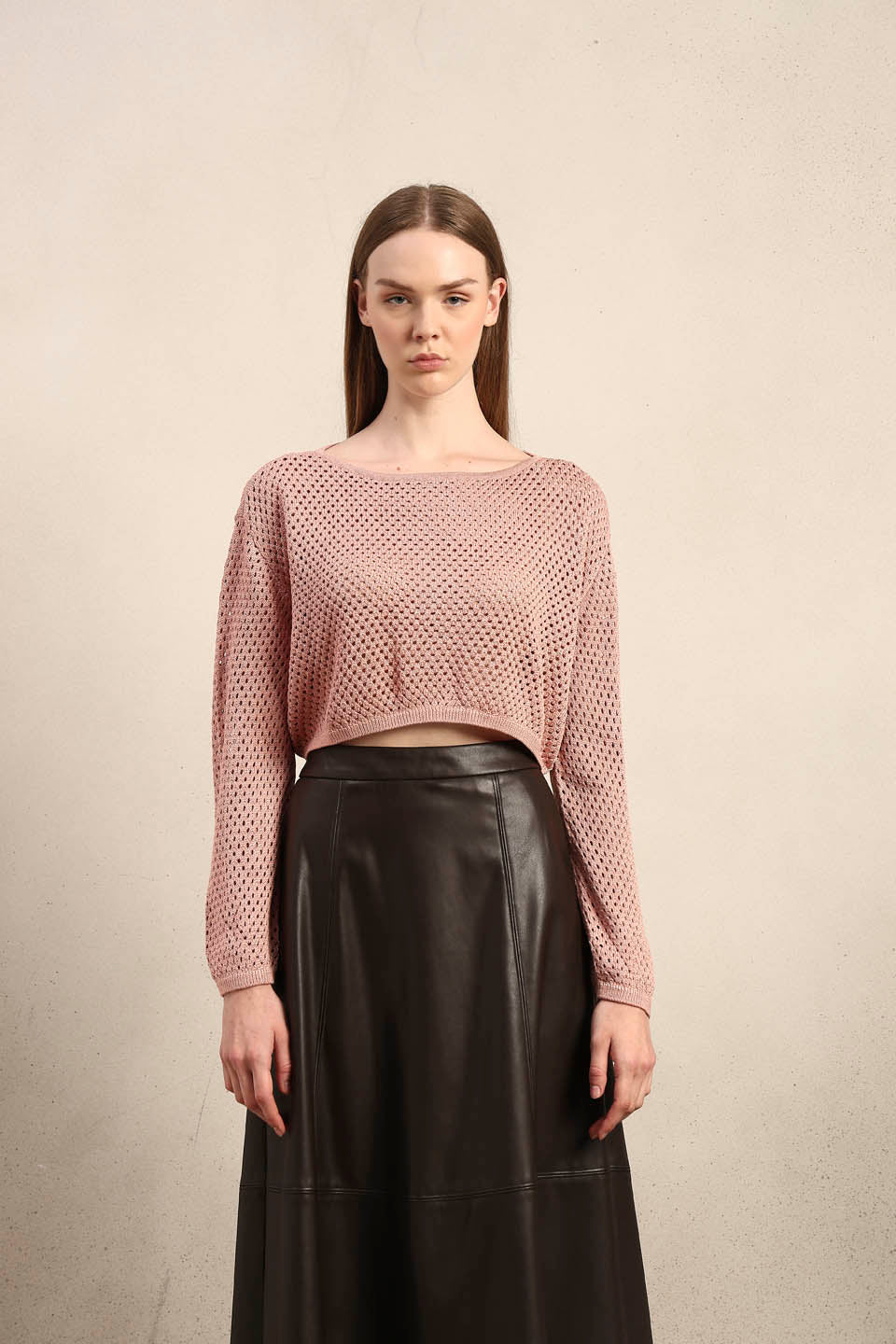 Pink Cropped Open-Knit Pullover