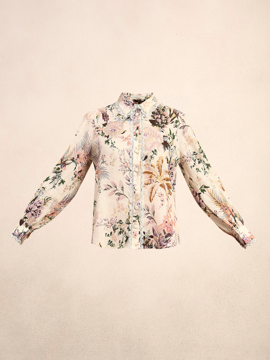 Floral Lace Trim Linen Shirt