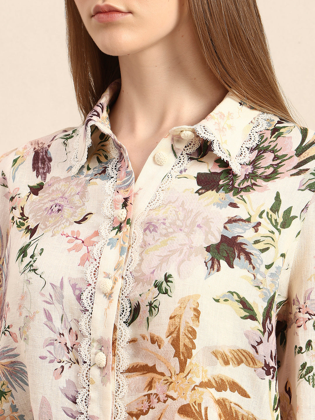 Floral Lace Trim Linen Shirt