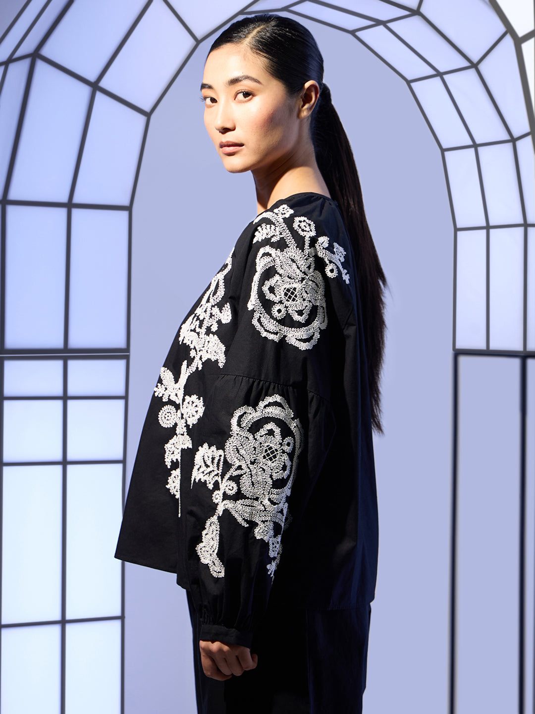 Black Embroidered Cotton Top