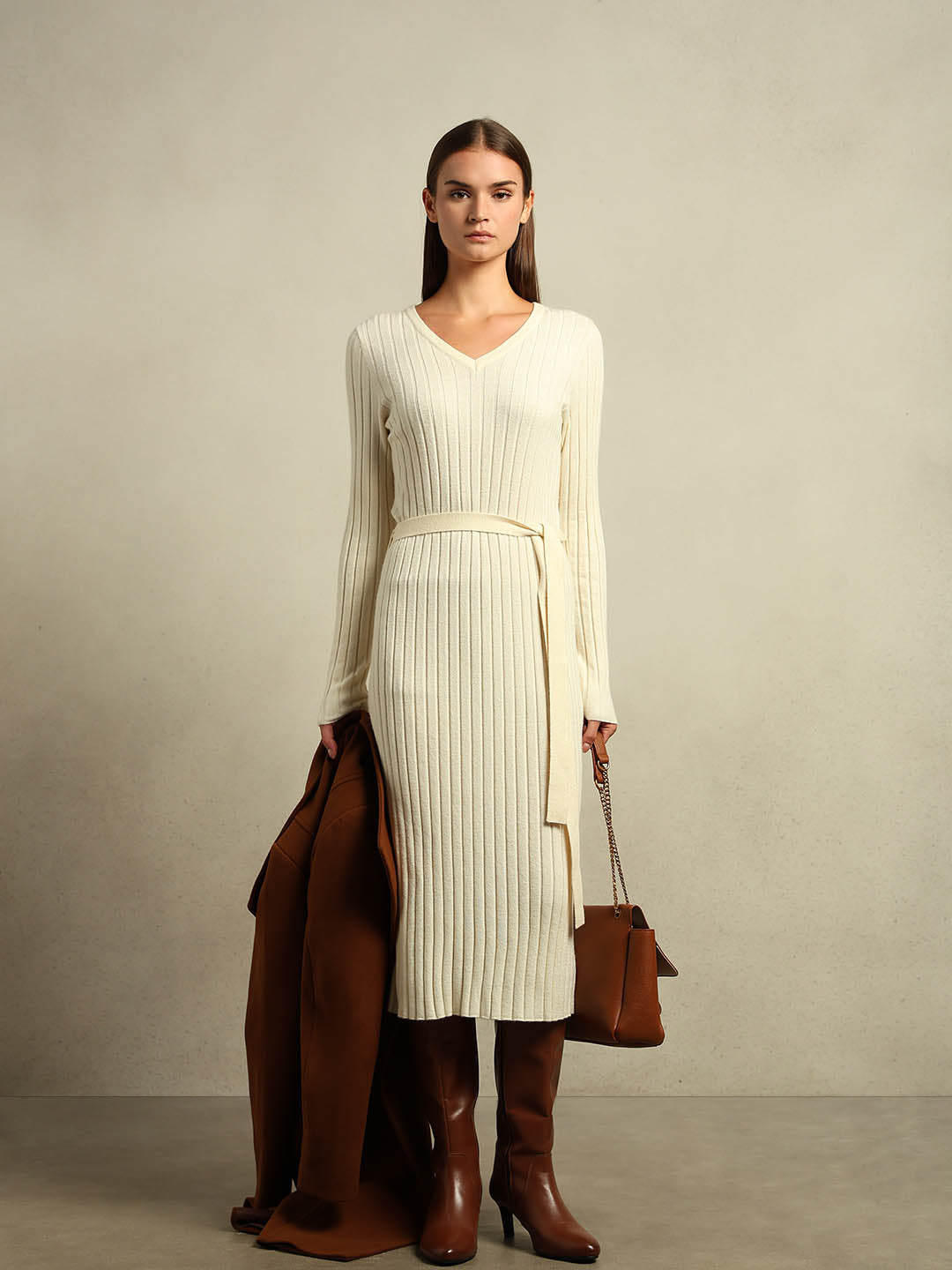 Ivory Ribbed Knit Dress - Main Image