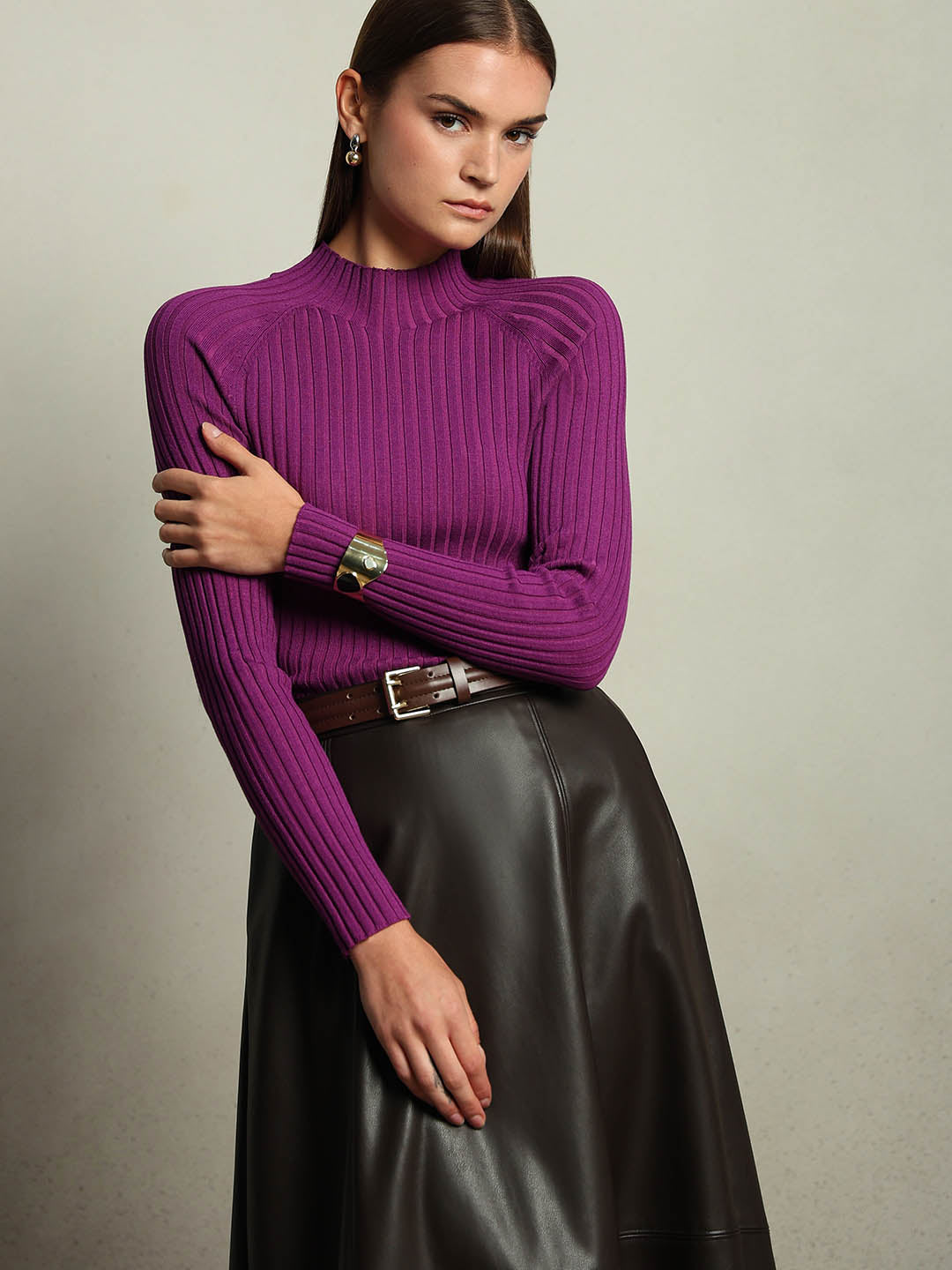 Purple Ribbed Knit Fitted Top