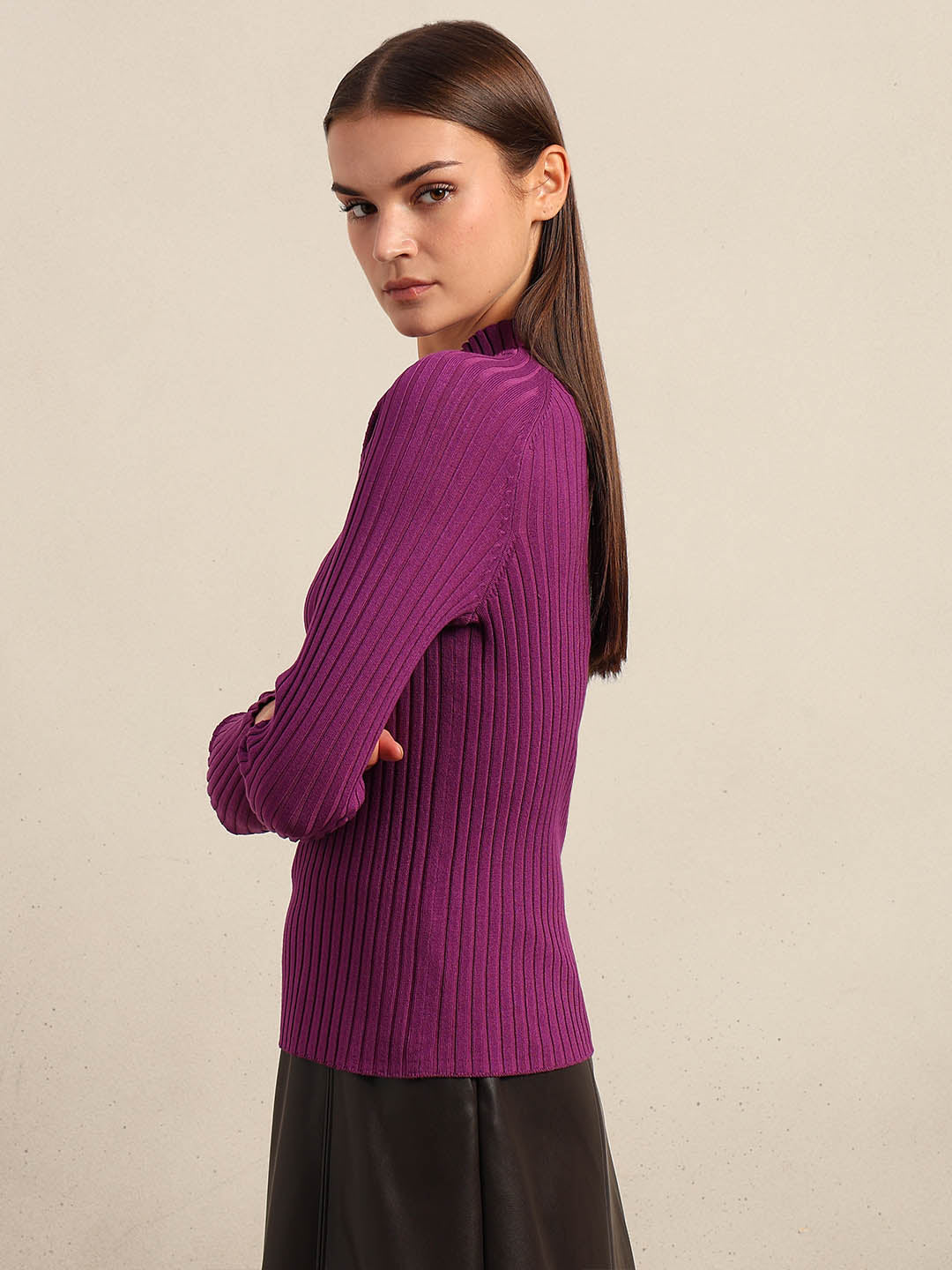 Purple Ribbed Knit Fitted Top