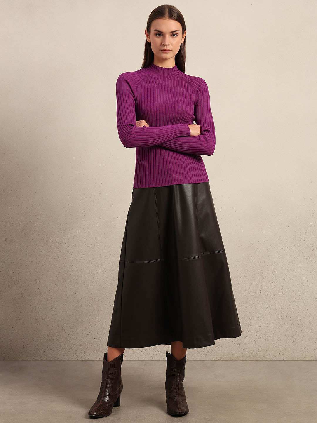 Purple Ribbed Knit Fitted Top