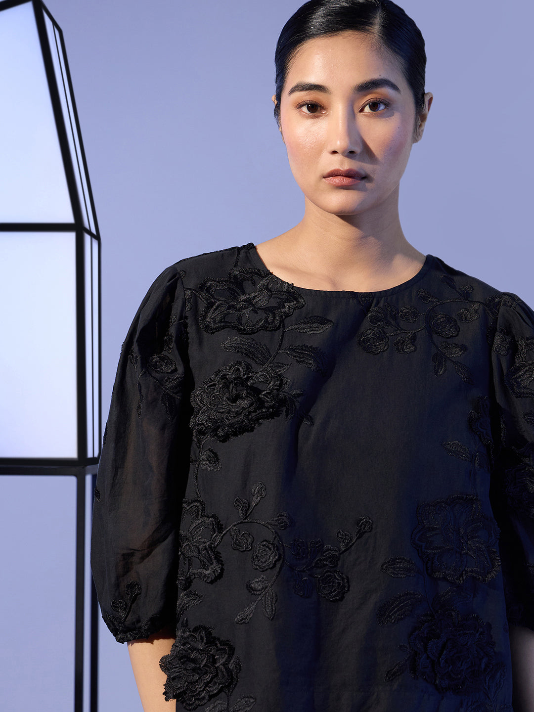 EDIT Embroidered Puff Sleeves Top