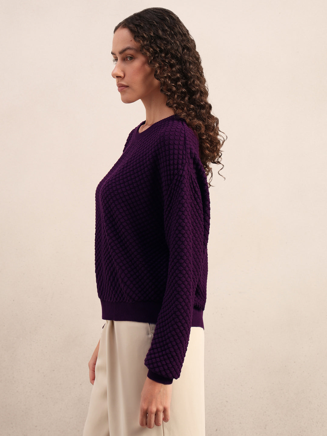 Dark Purple Textured Cotton Pullover