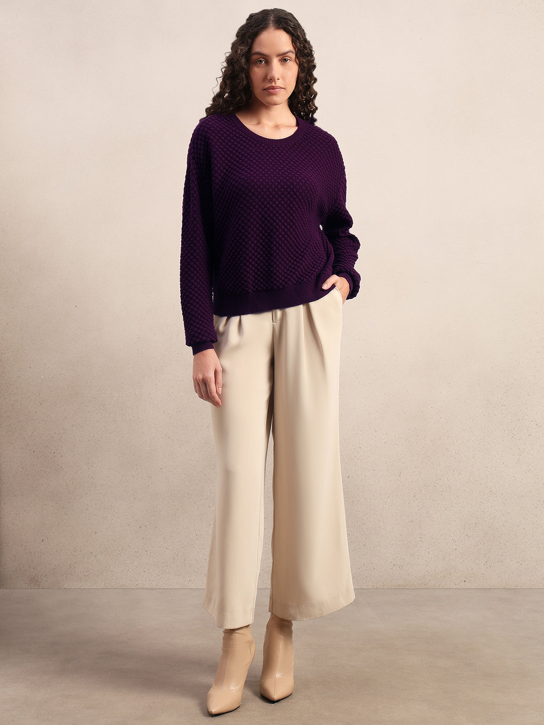 Dark Purple Textured Cotton Pullover