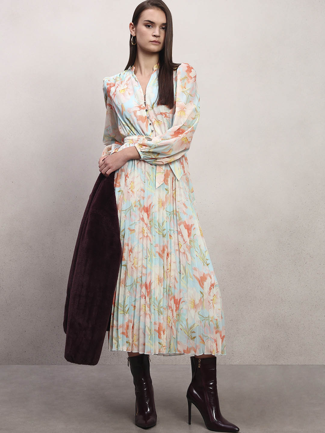 Floral Pleated Belted Dress