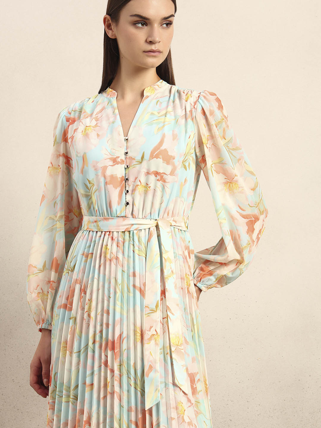 Floral Pleated Belted Dress