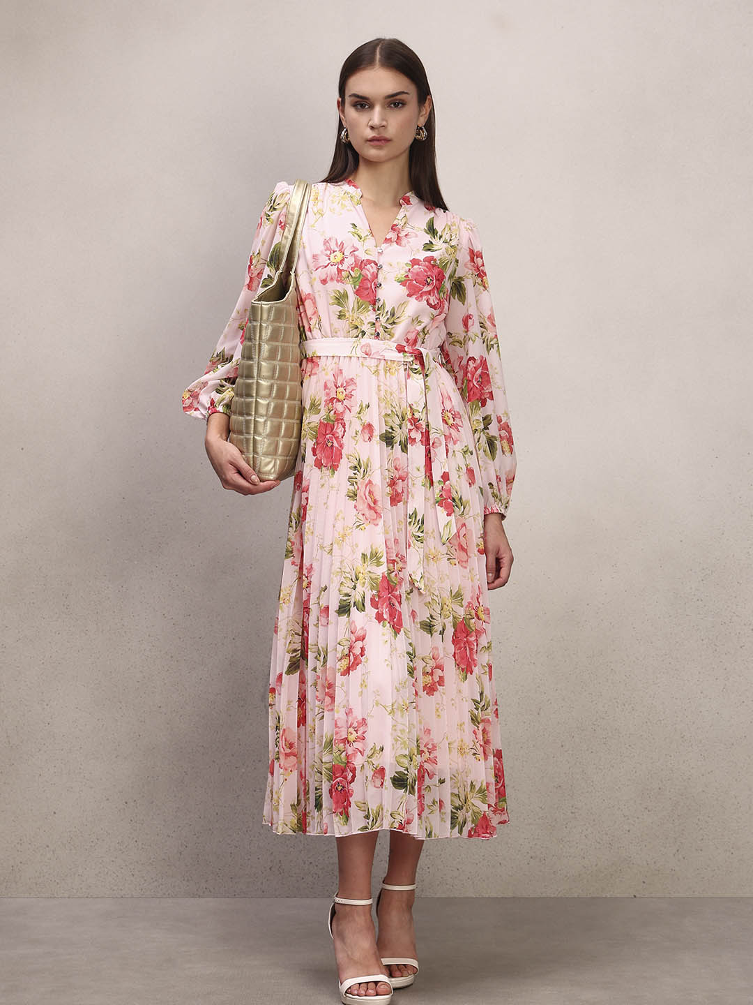 Floral Print Pleated Midi Dress