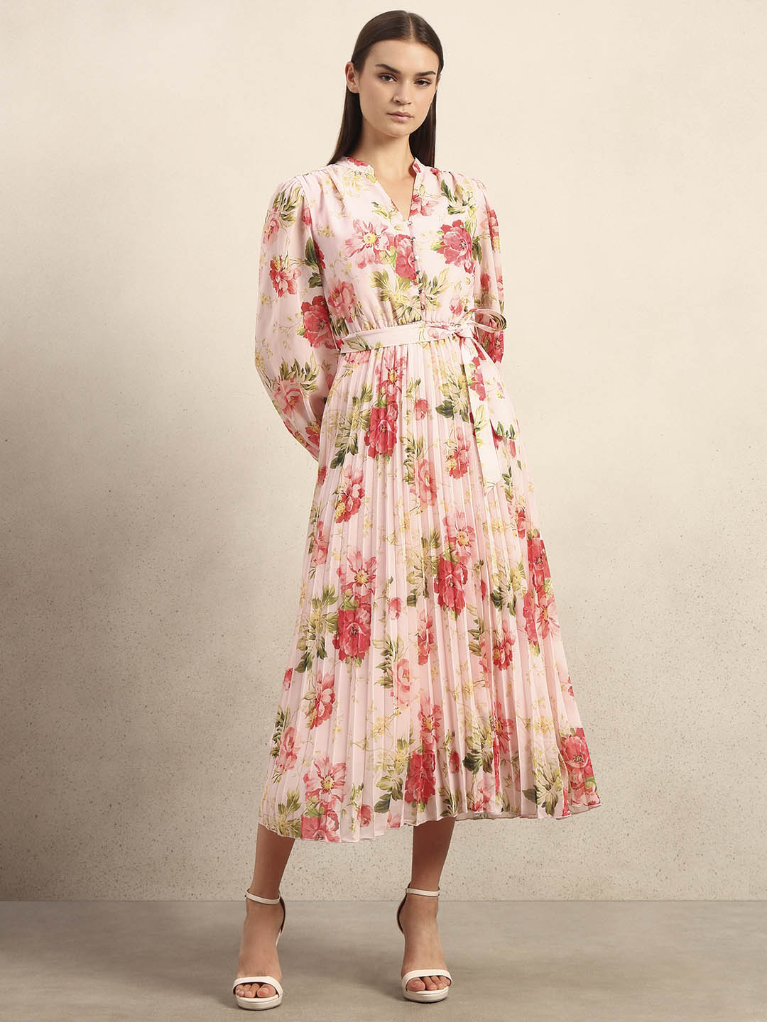 Floral Print Pleated Midi Dress