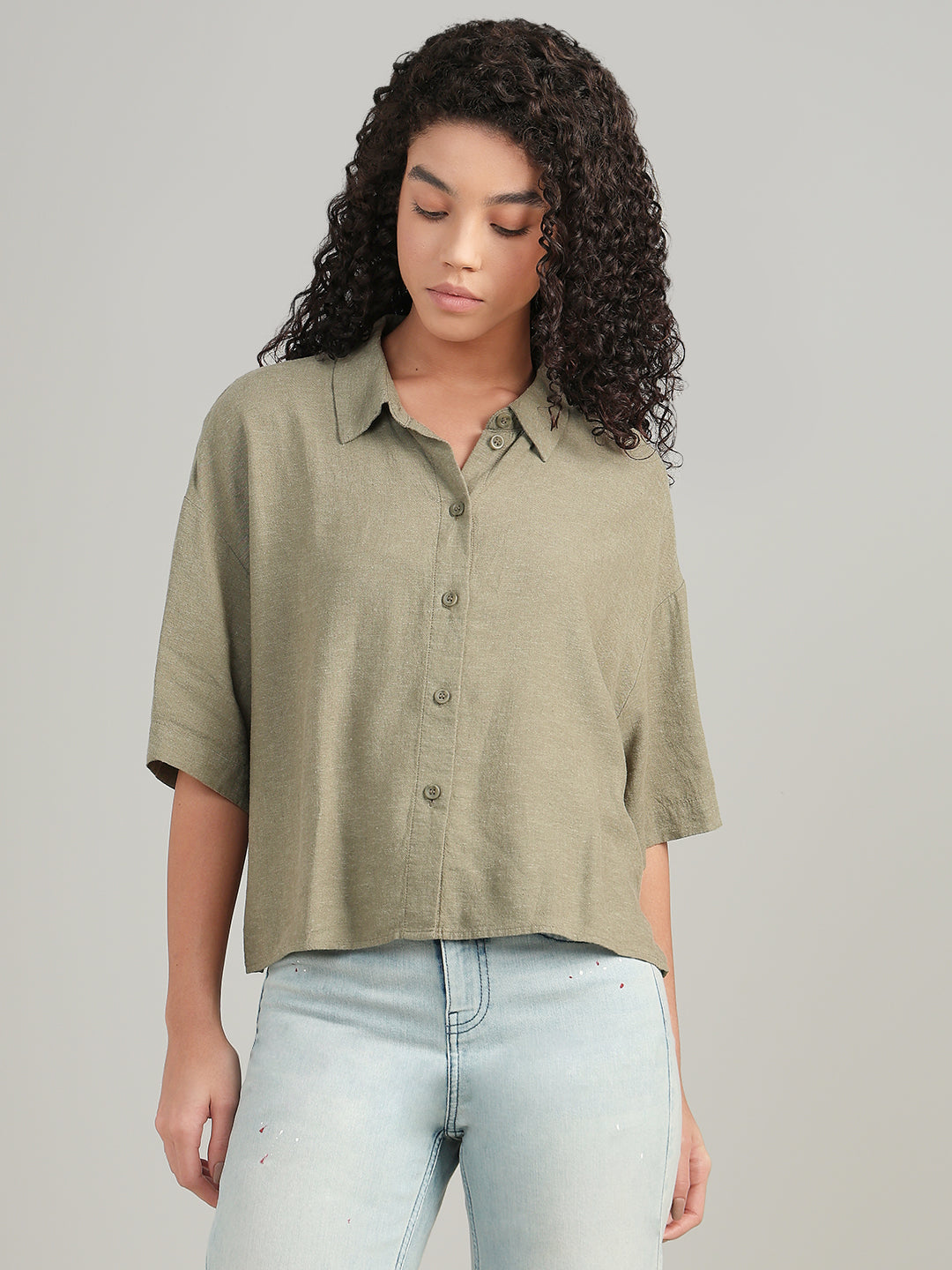 Linen Blend Short Sleeved Shirt - Green