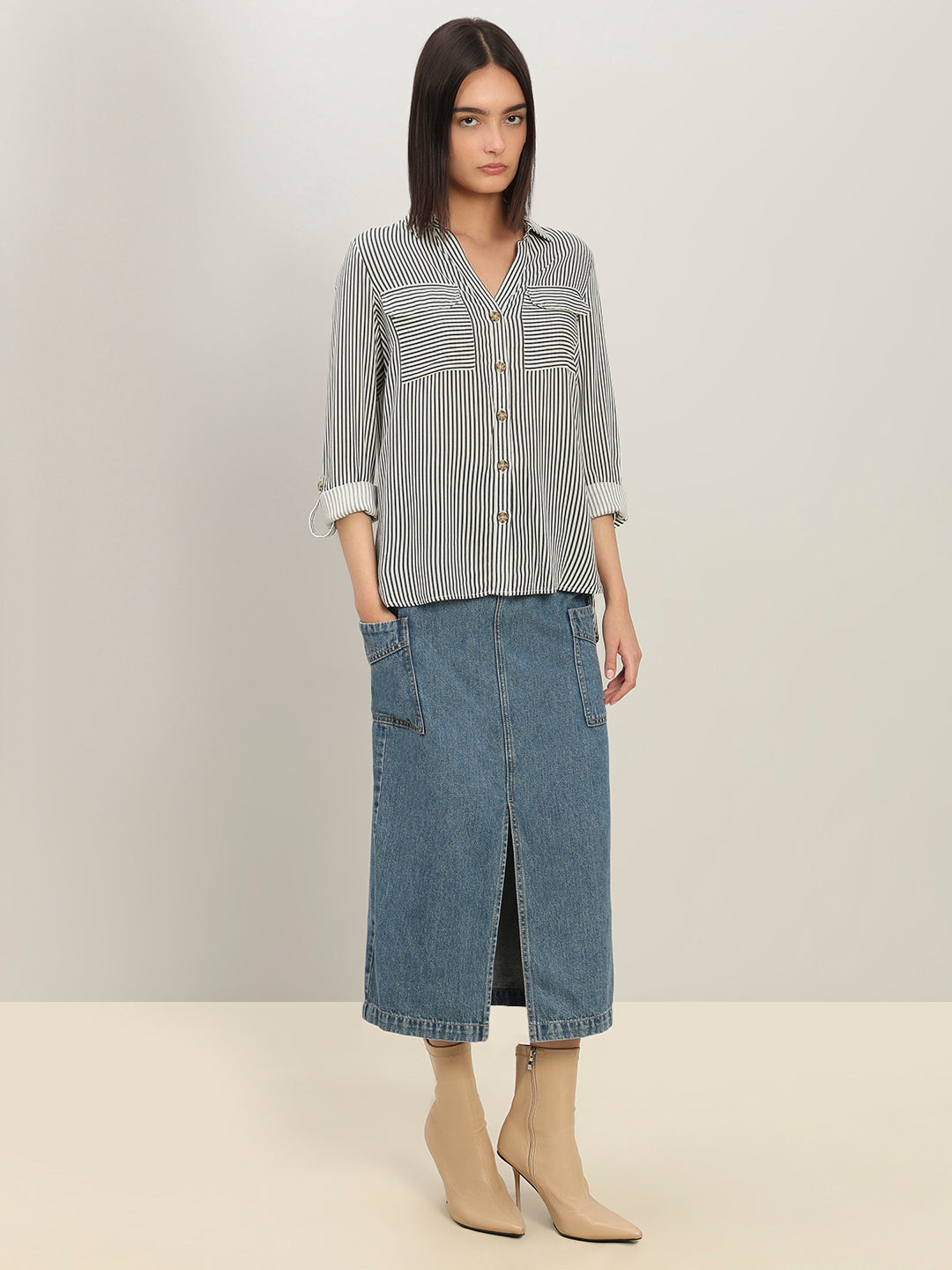 Striped Full Sleeves Shirt-White