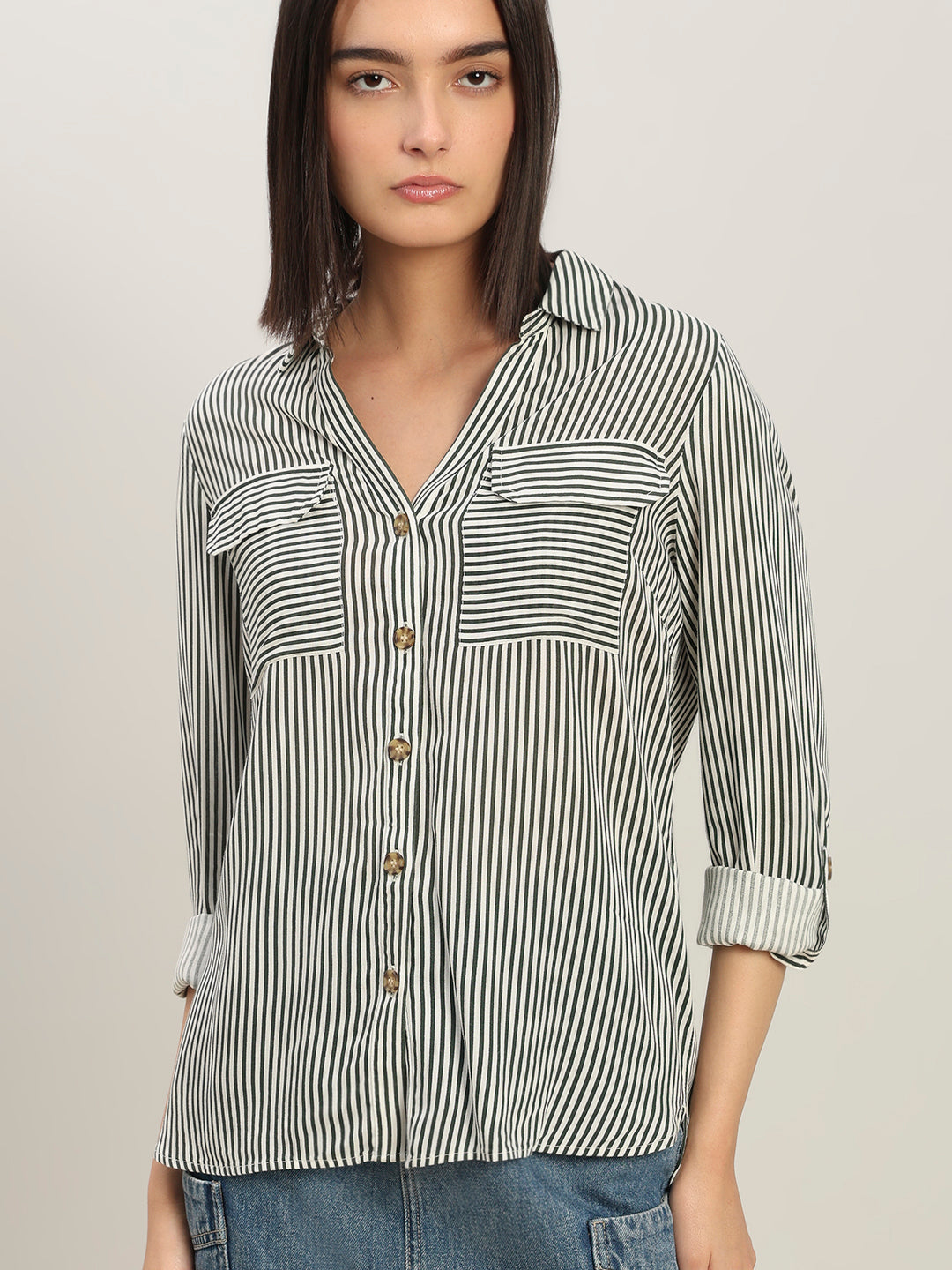 Striped Full Sleeves Shirt-White