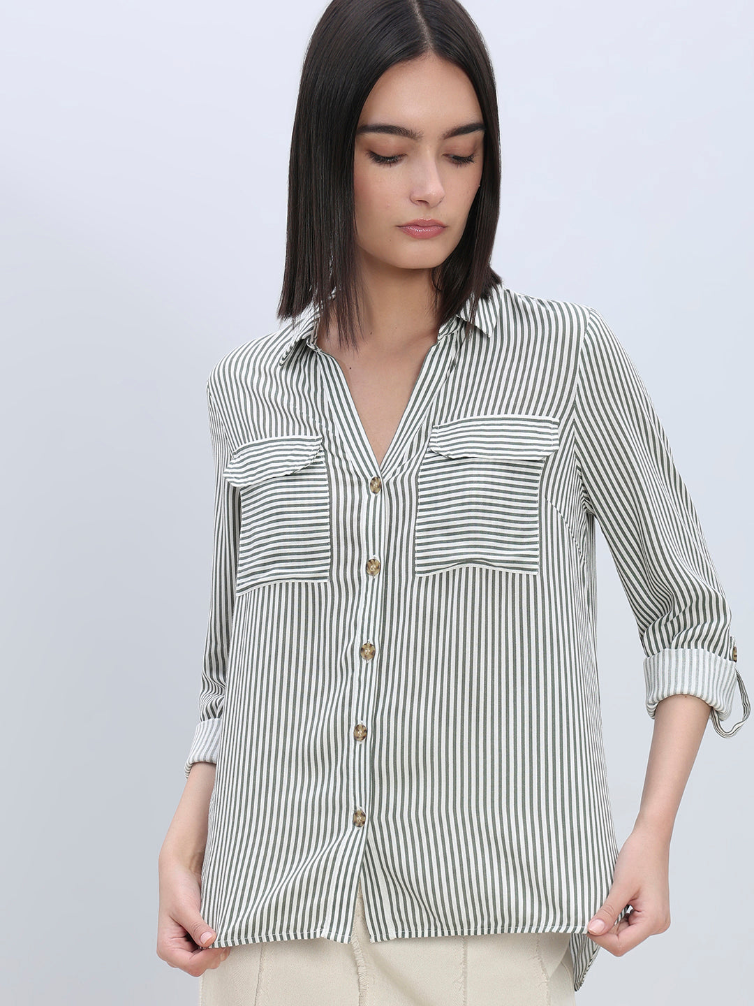 Striped Full Sleeves Shirt - Green