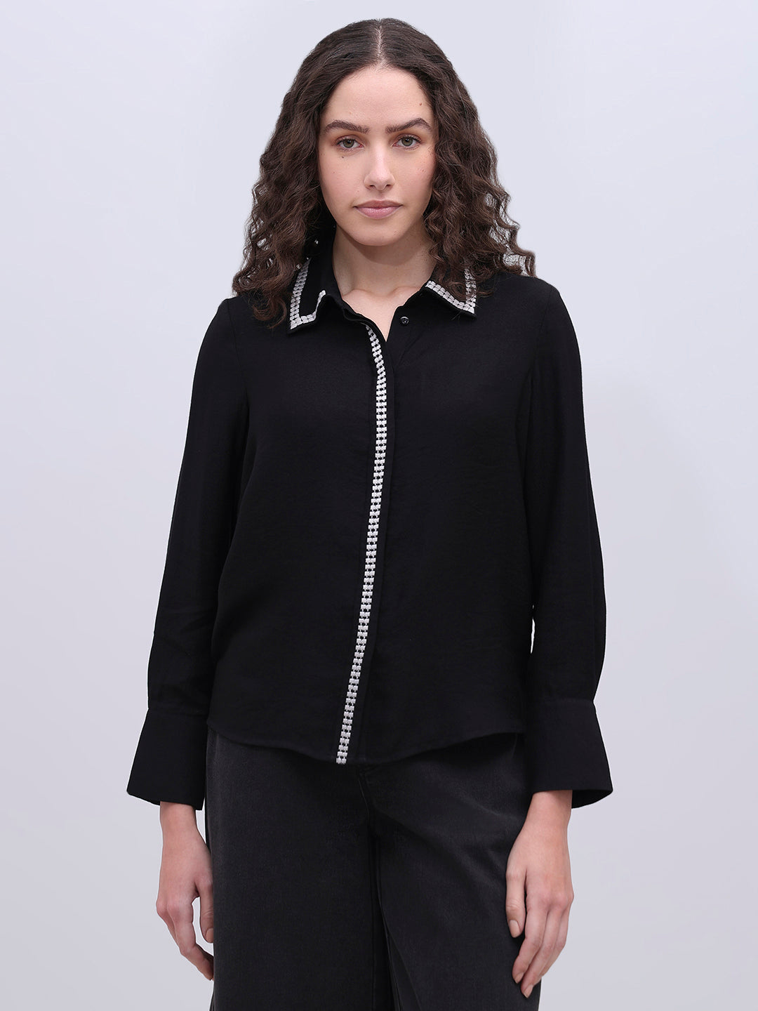 Embellished Trim Black Shirt