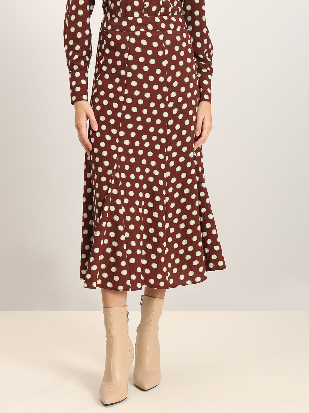 Brown Polka Dot Midi Skirt