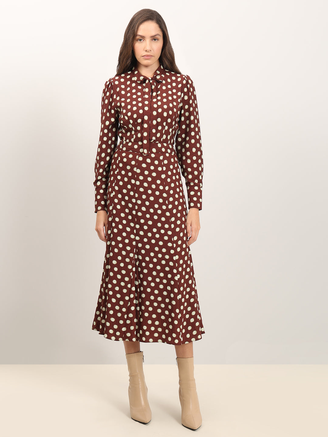 Brown Polka Dot Midi Skirt
