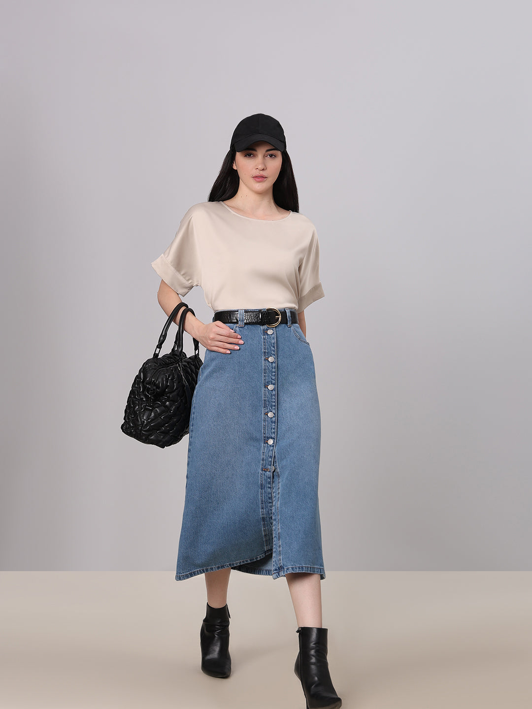 Blue Button-Front Denim Skirt