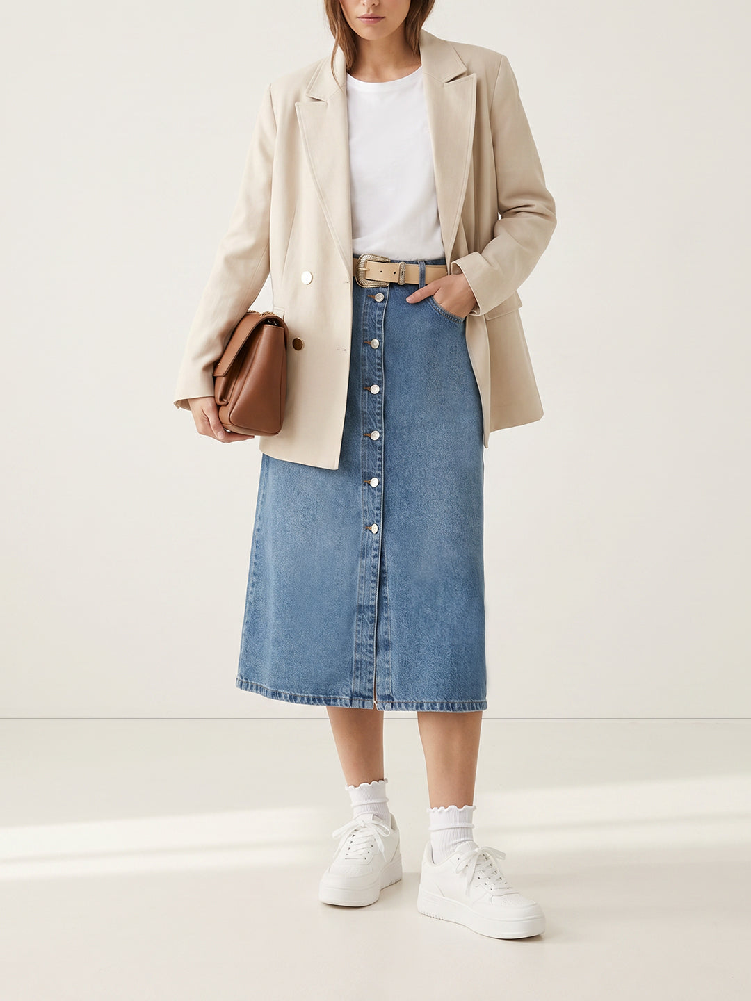 Blue Button-Front Denim Skirt