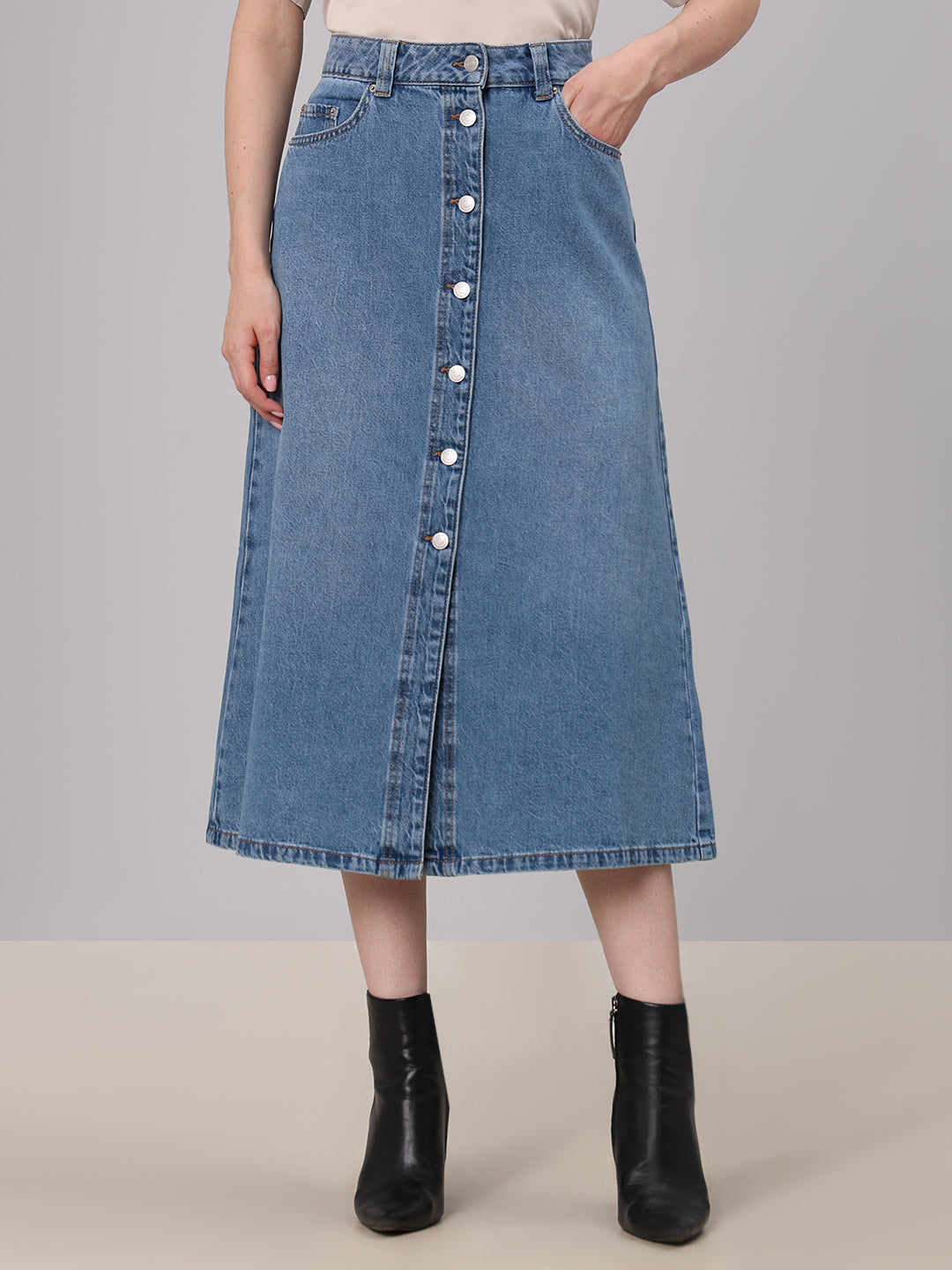 Blue Button-Front Denim Skirt