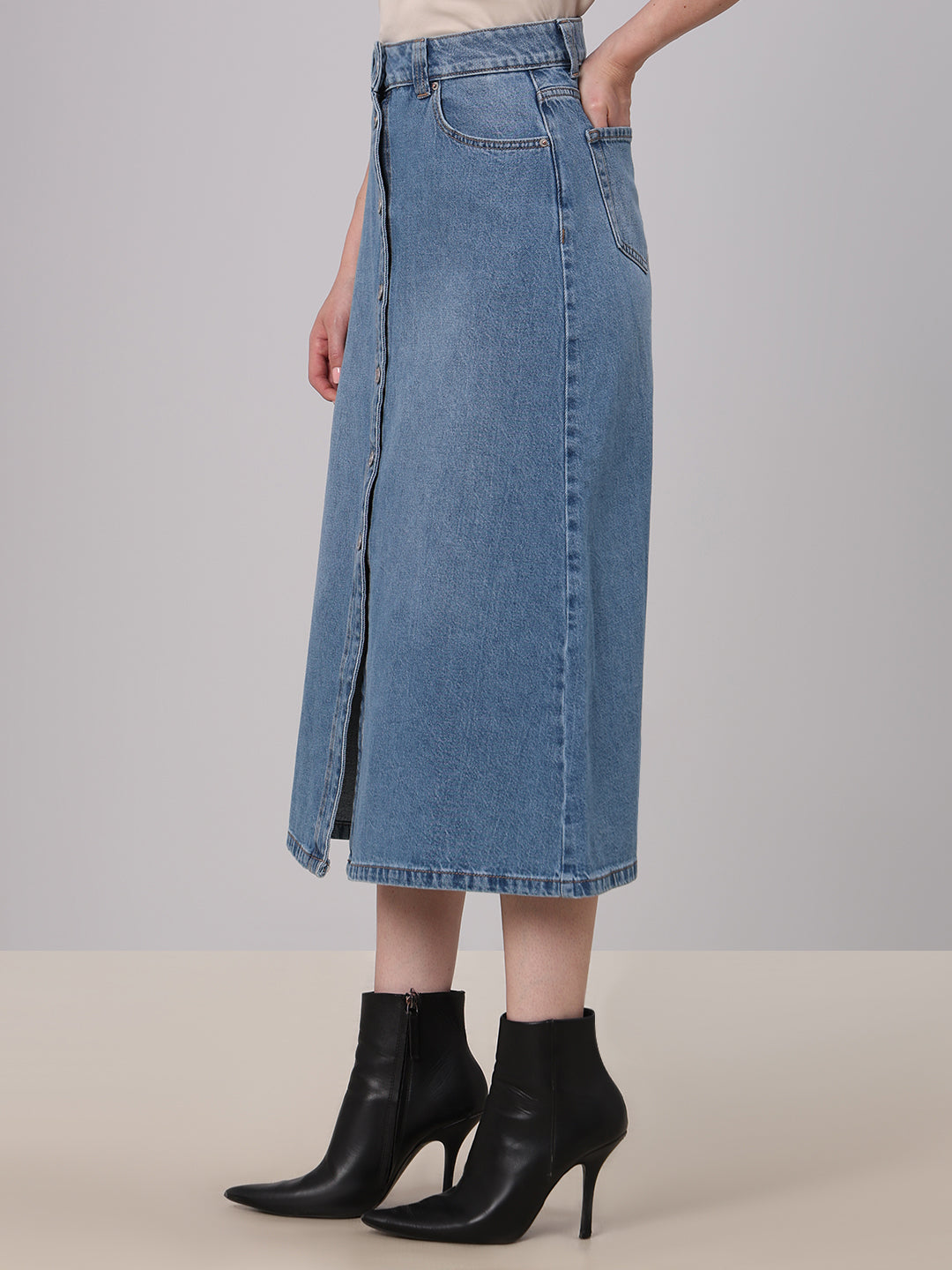 Blue Button-Front Denim Skirt