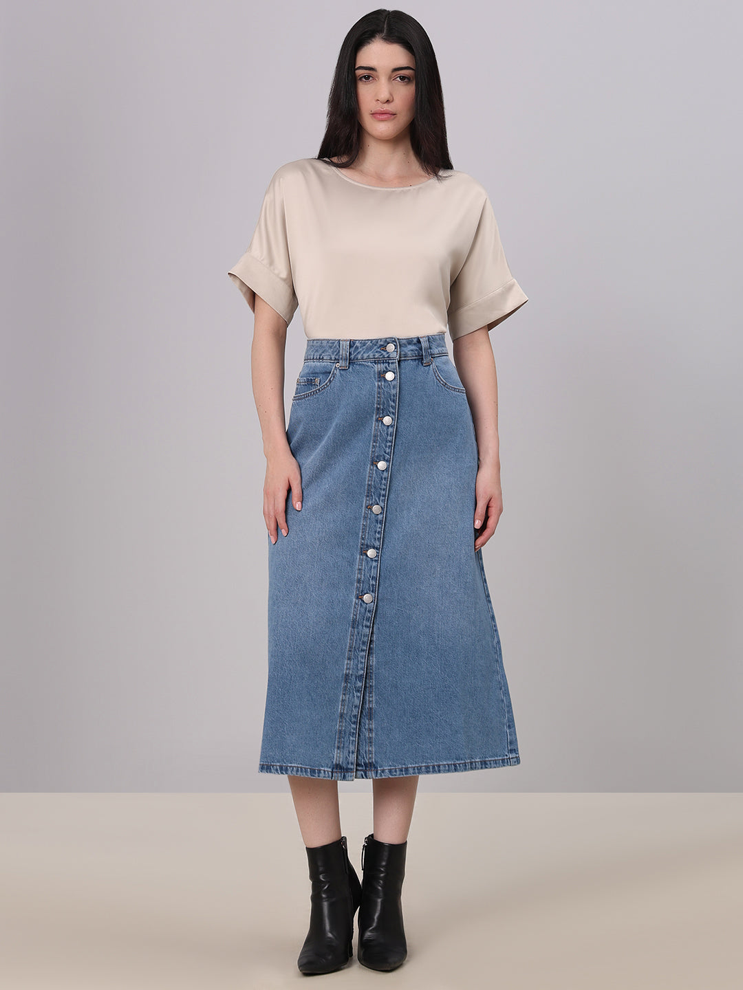 Blue Button-Front Denim Skirt