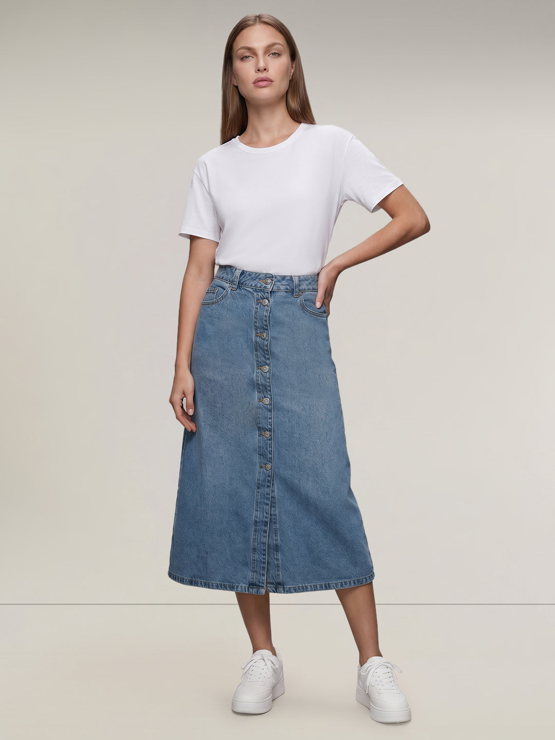 Blue Button-Front Denim Skirt