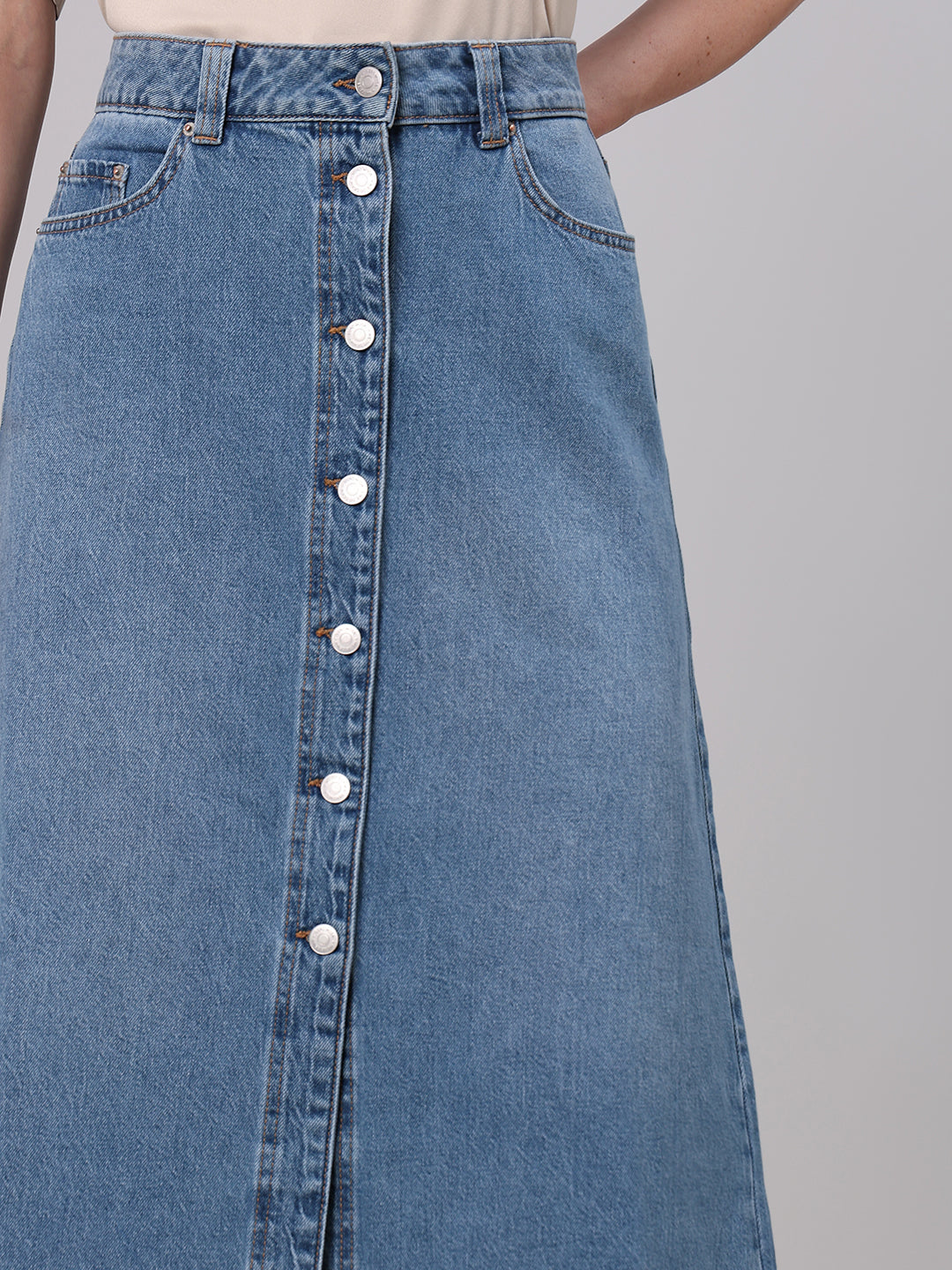 Blue Button-Front Denim Skirt