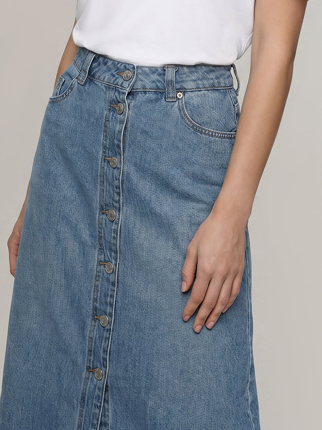 Blue Button-Front Denim Skirt