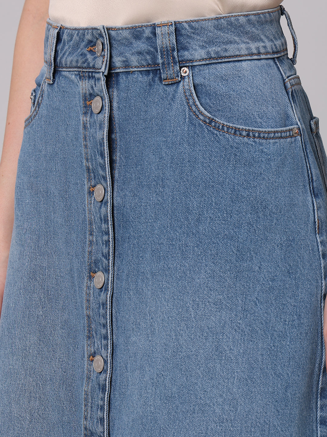Blue Button-Front Denim Skirt