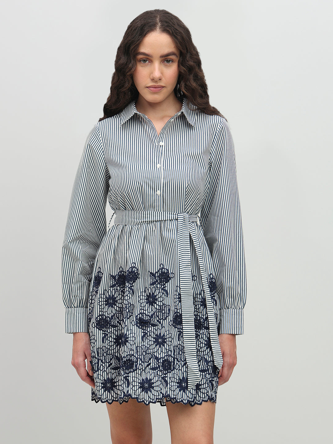 Striped Embroidered Lace Shirt Dress