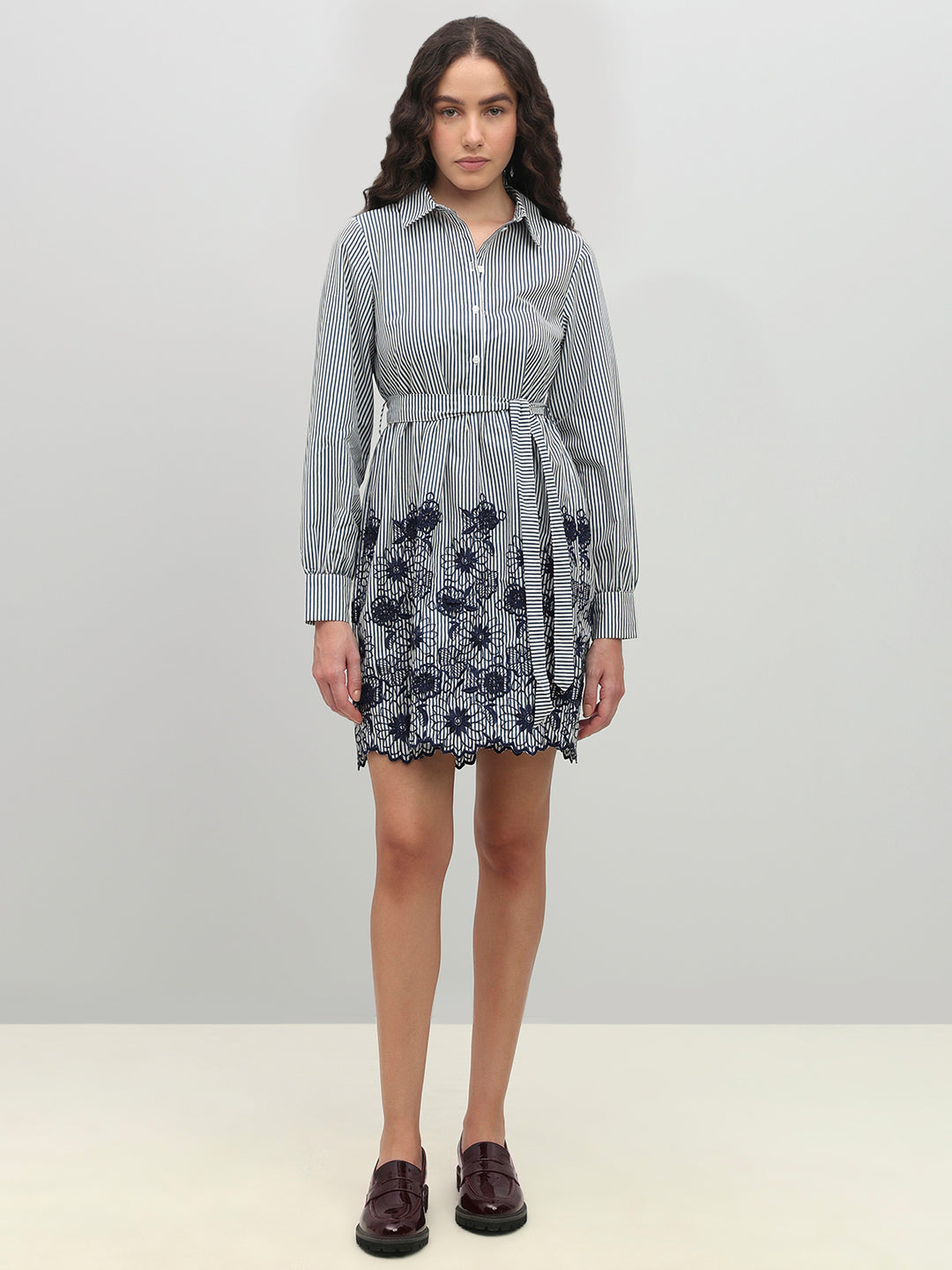 Striped Embroidered Lace Shirt Dress