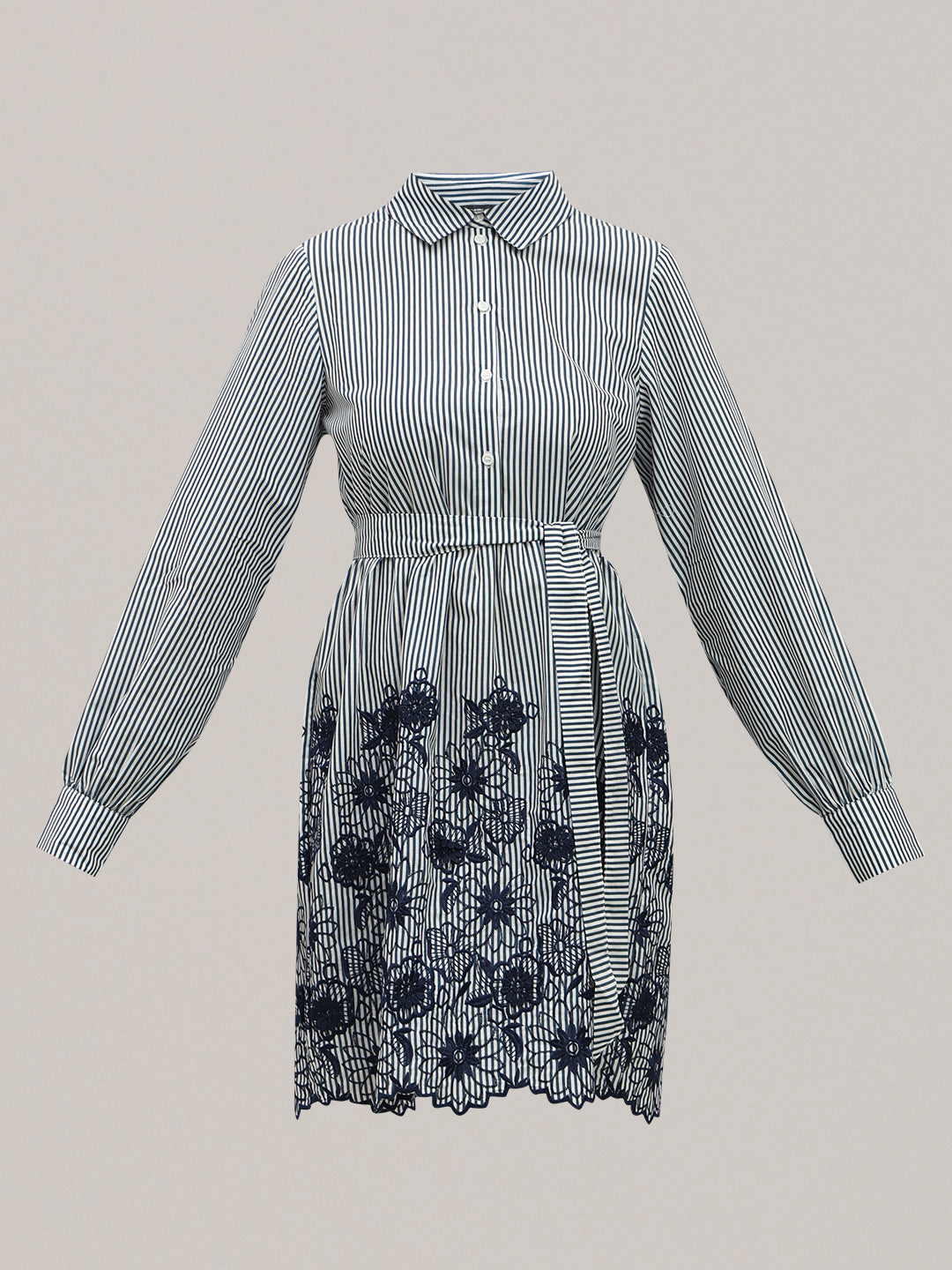 Striped Embroidered Lace Shirt Dress