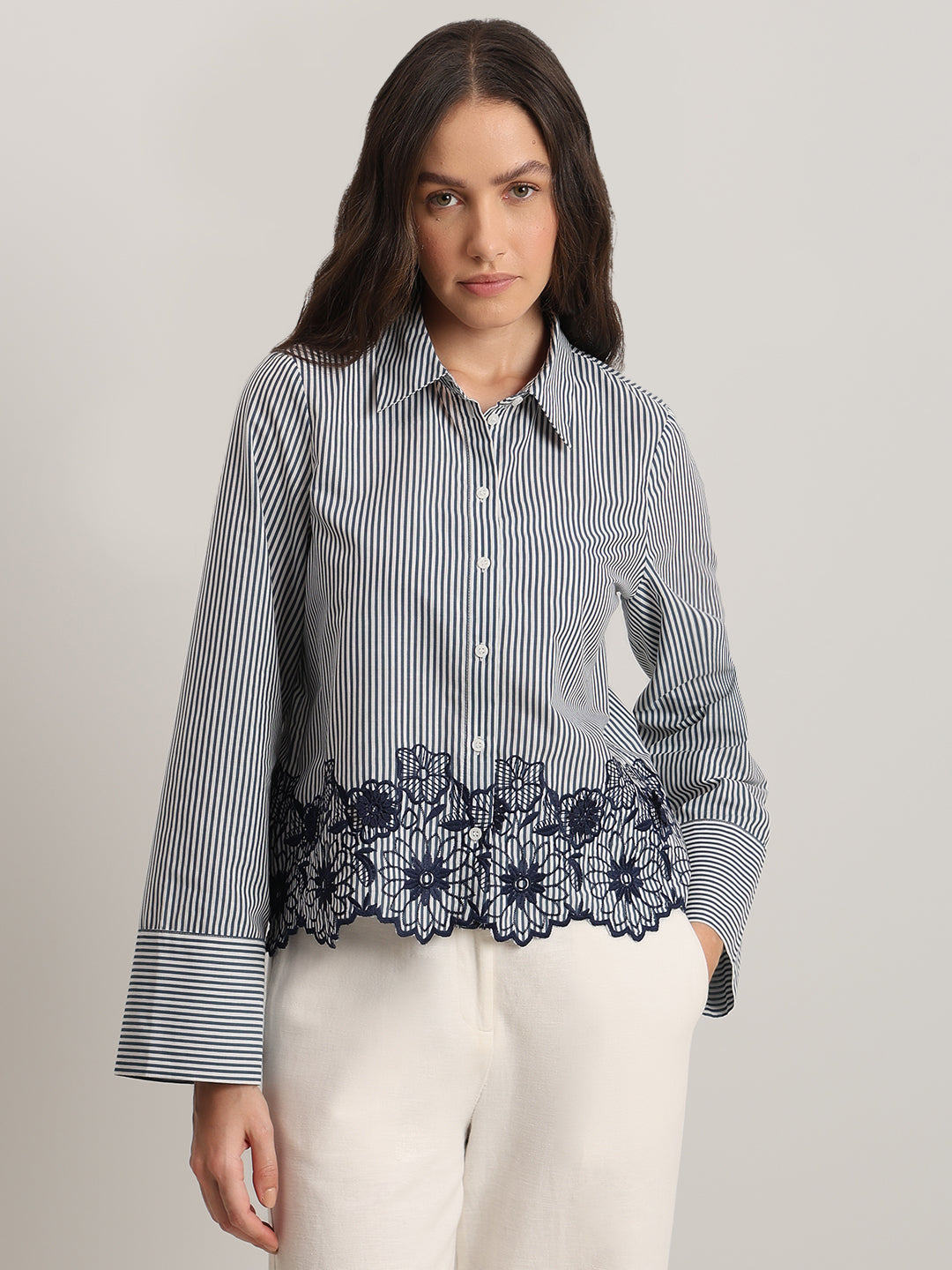 Striped Embroidered Lace Shirt
