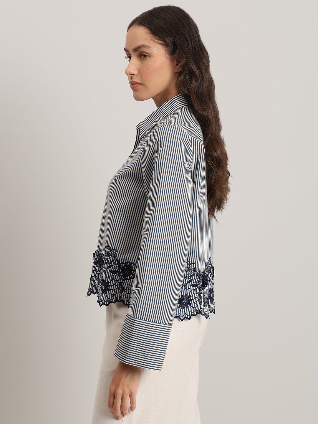 Striped Embroidered Lace Shirt