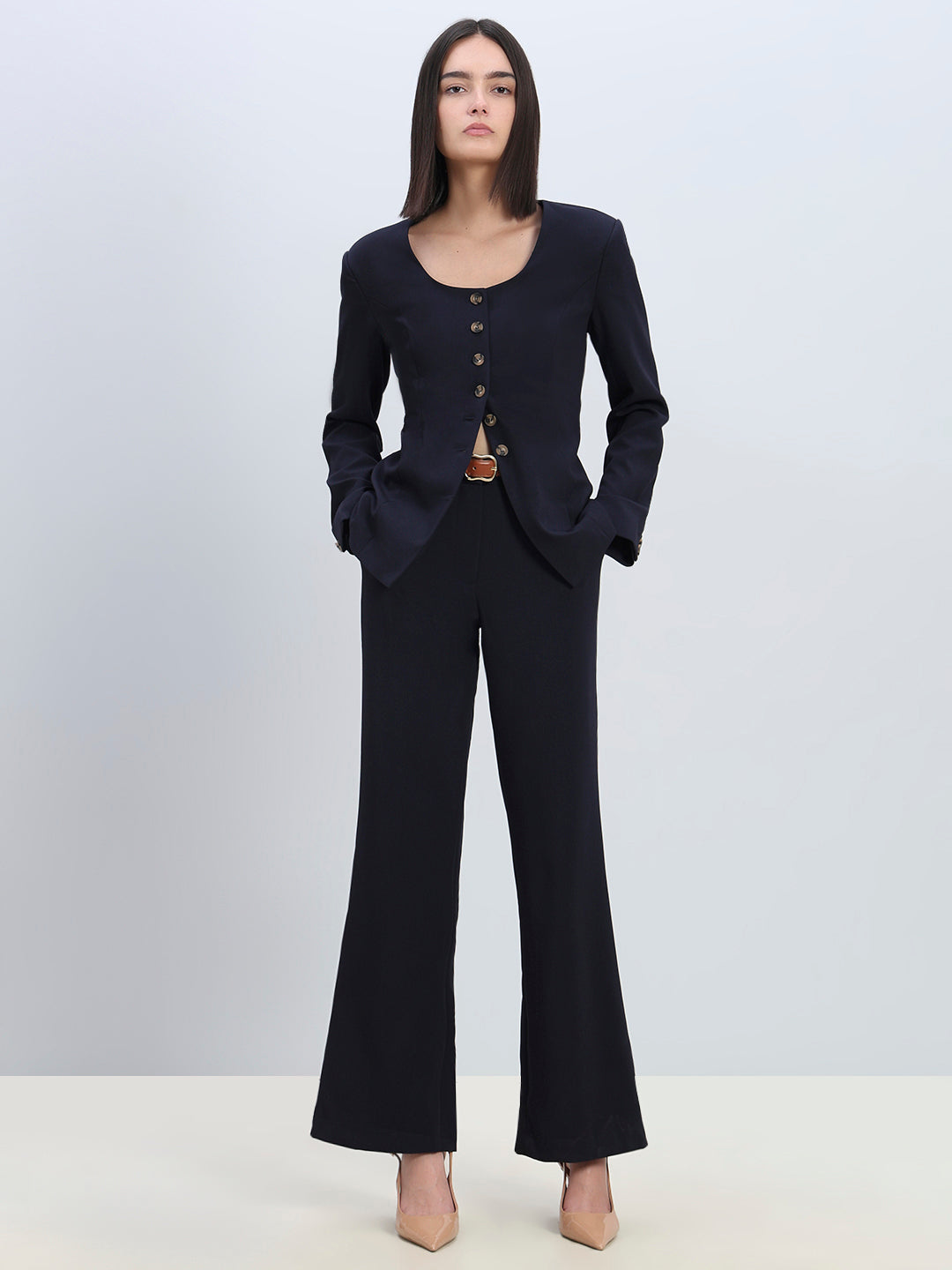 Navy High Rise Flared Pants