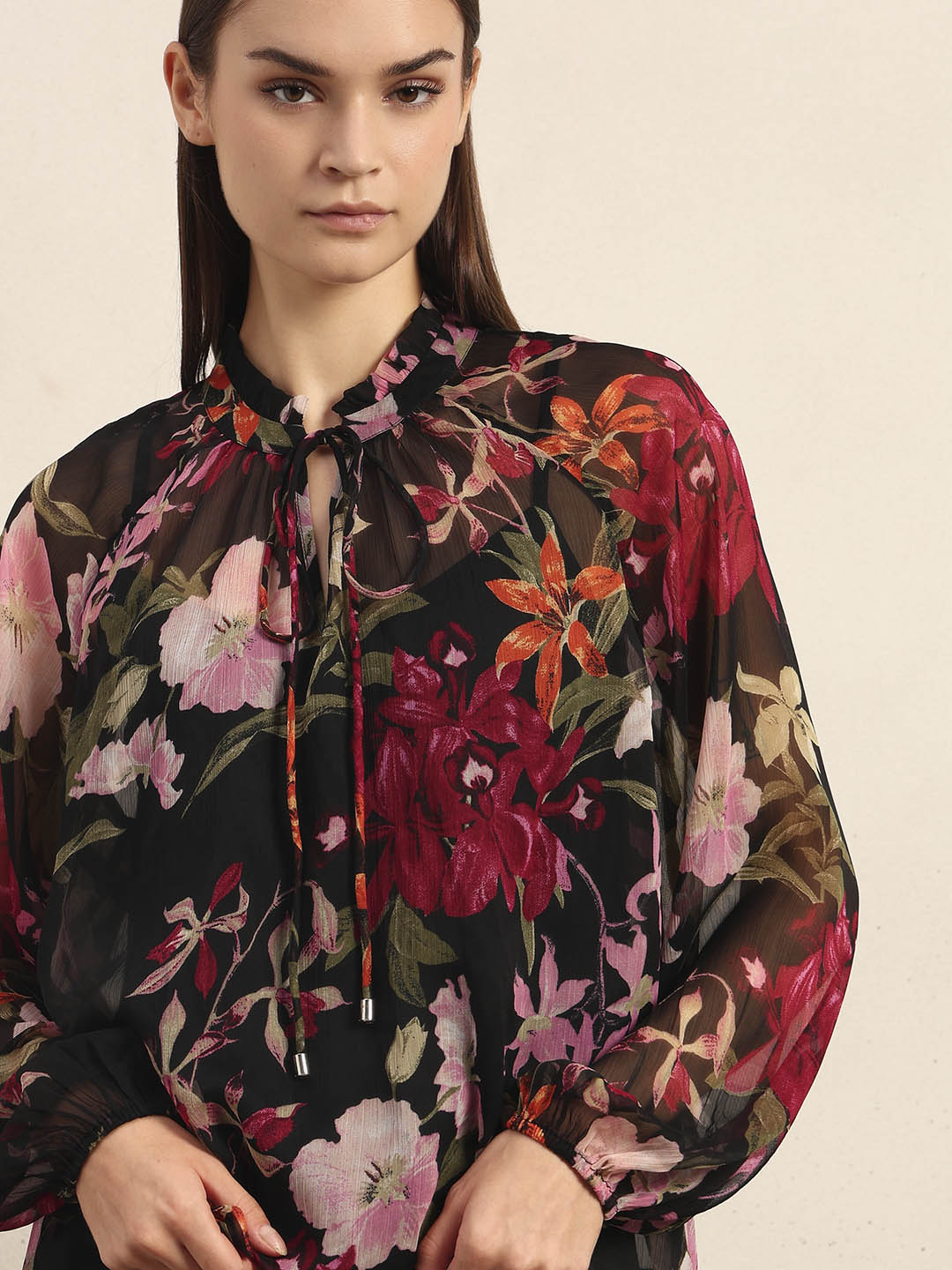 Flowy Floral Print Tie-Neck Top