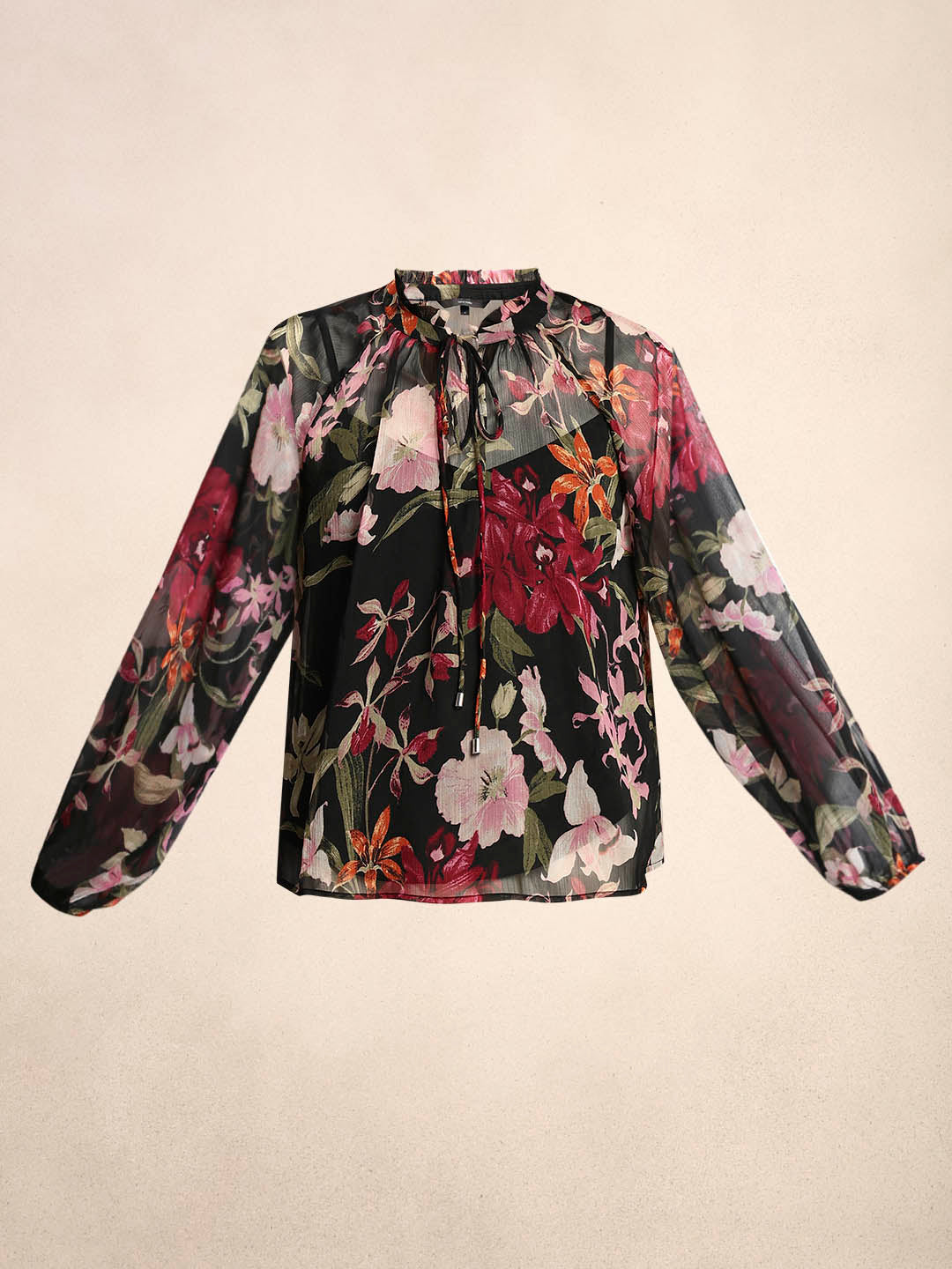 Flowy Floral Print Tie-Neck Top