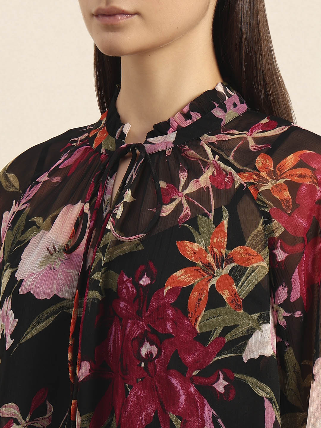 Flowy Floral Print Tie-Neck Top