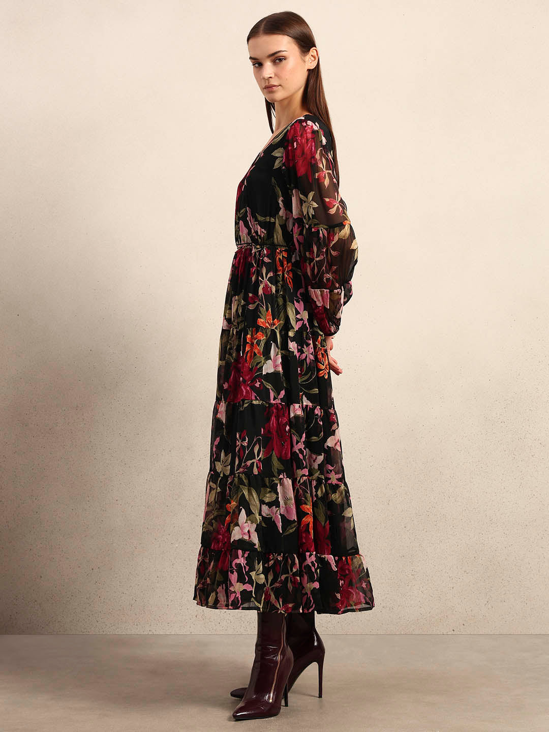 Black Floral Print Tiered Dress