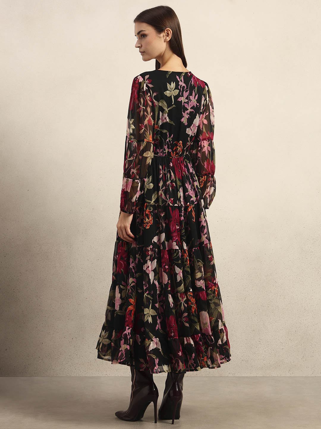 Black Floral Print Tiered Dress