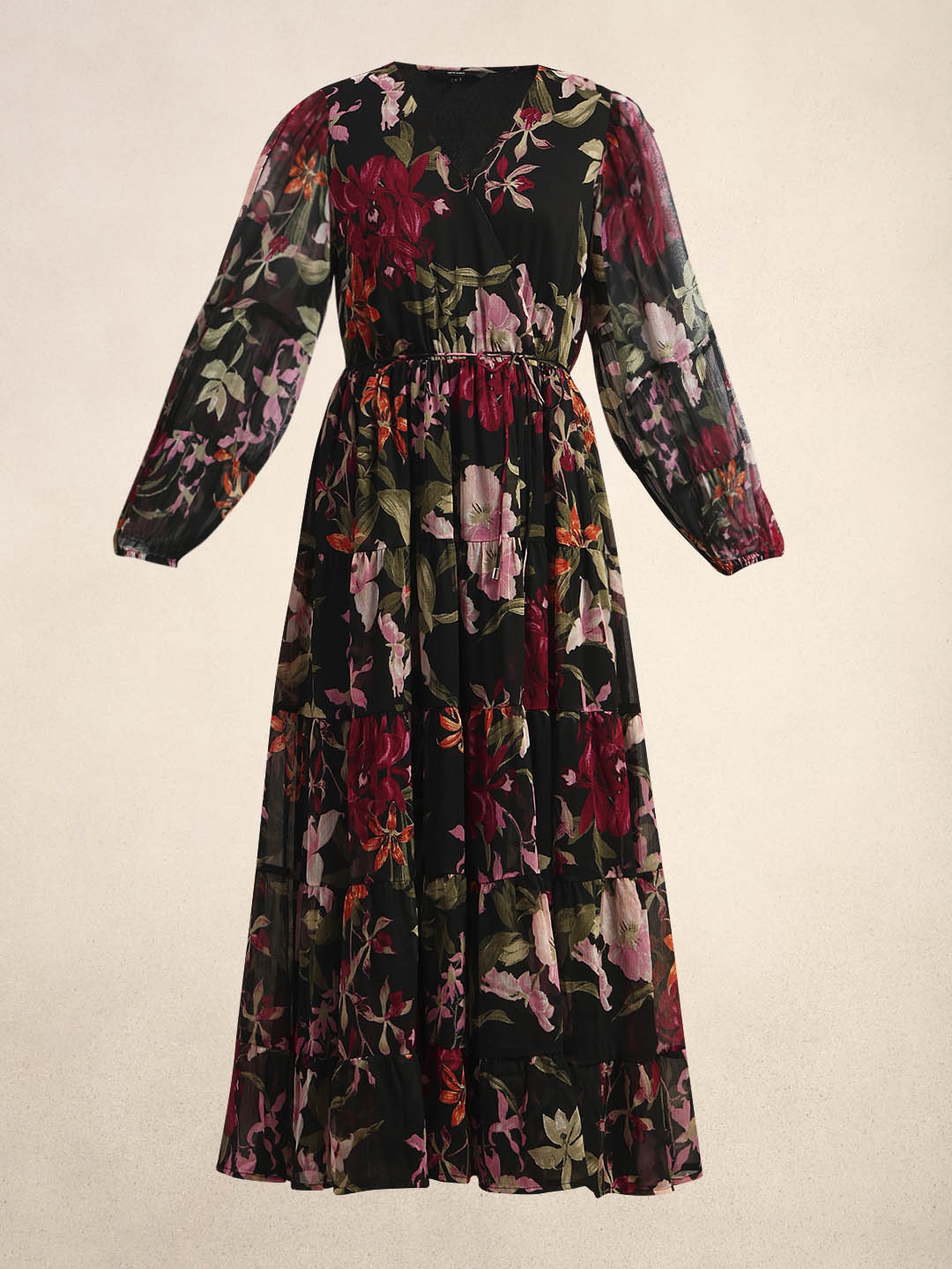 Black Floral Print Tiered Dress