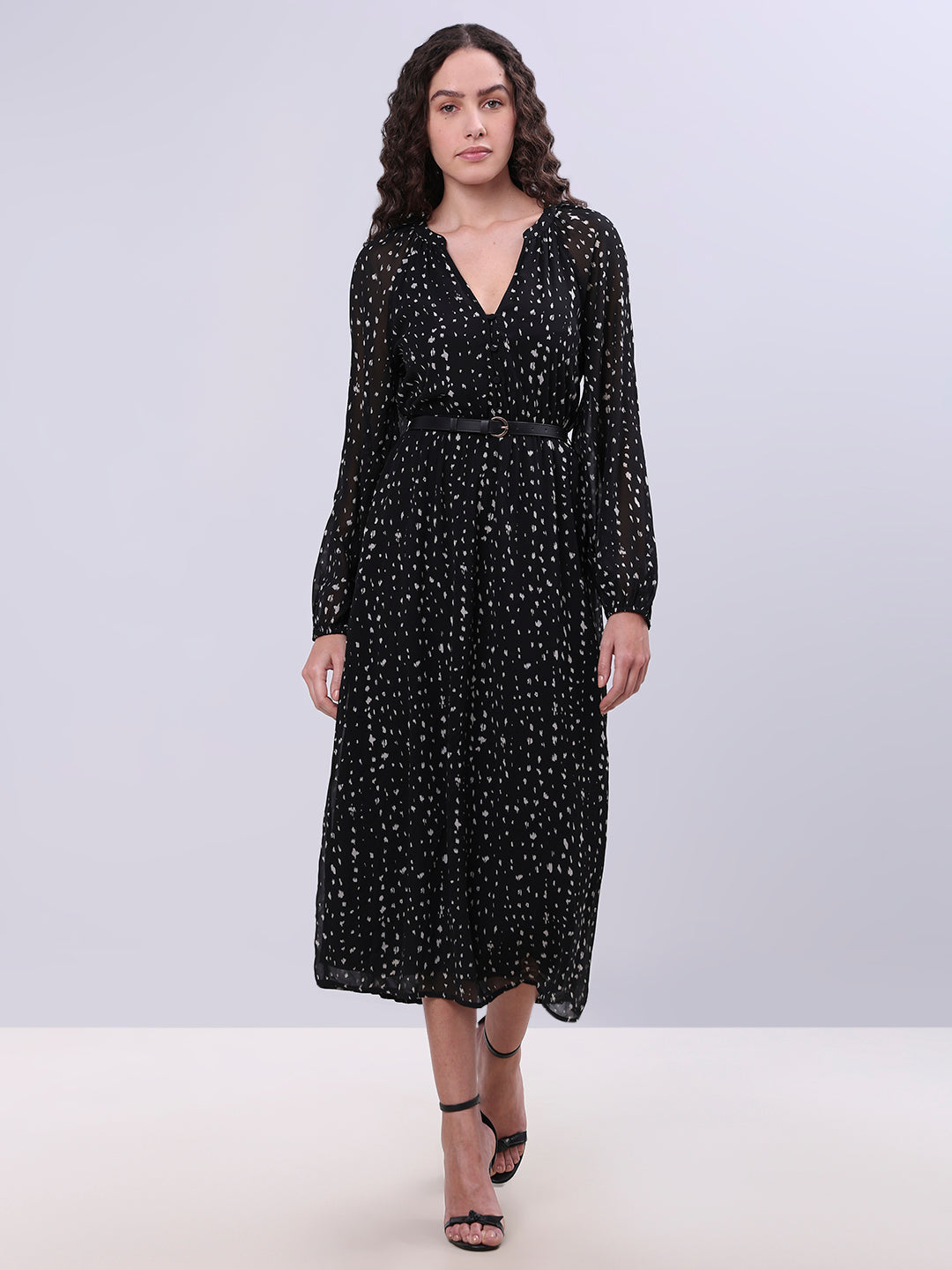 Printed V-Neck Belted Dress