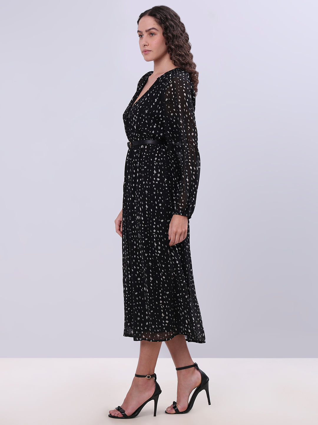 Printed V-Neck Belted Dress