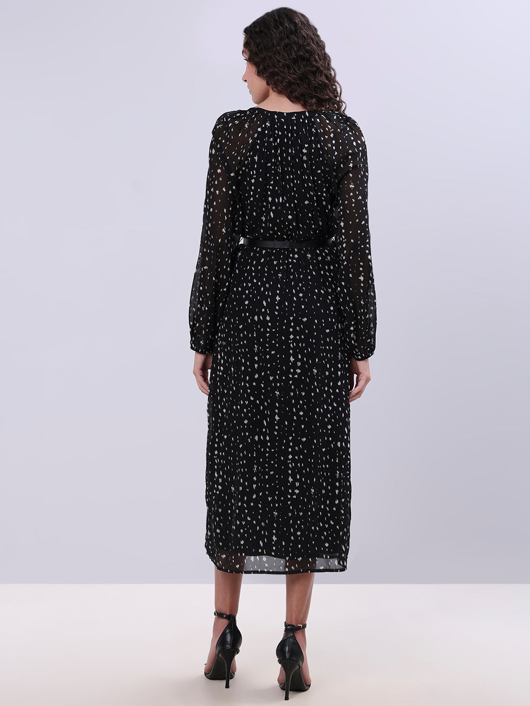 Printed V-Neck Belted Dress