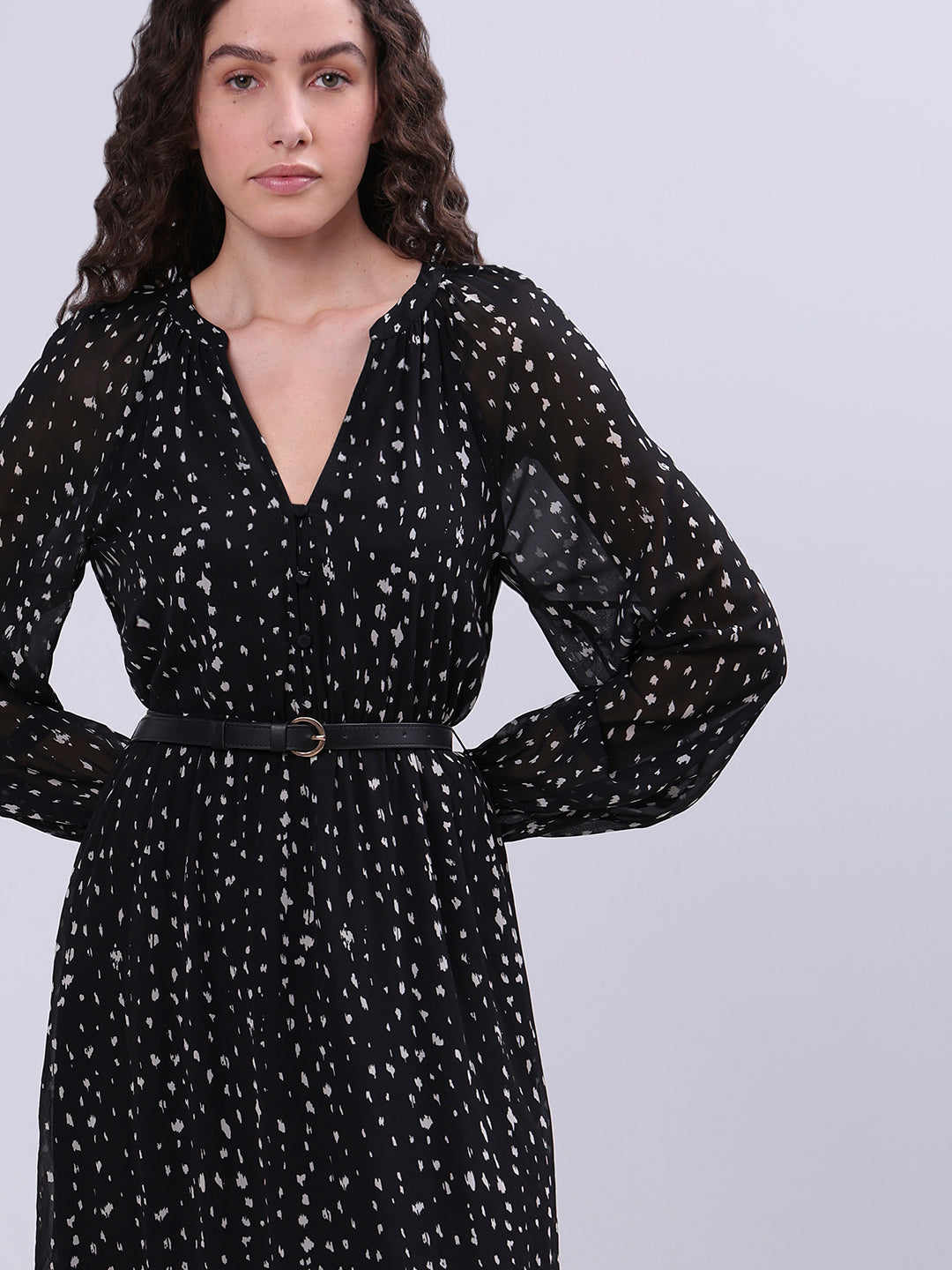 Printed V-Neck Belted Dress