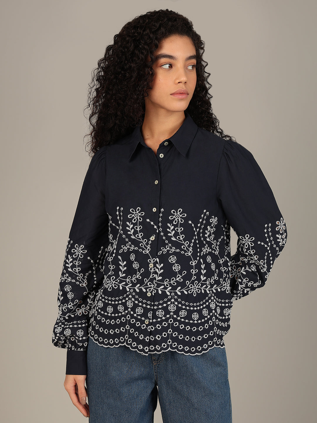 Organic Cotton Embroidered Shirt - Navy